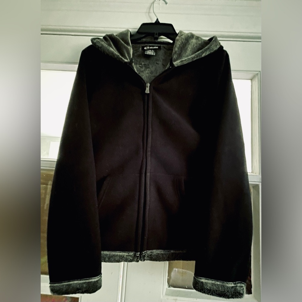 E Studio Black Gray Fleece Size M Long Sleeve Hooded Full Zipper